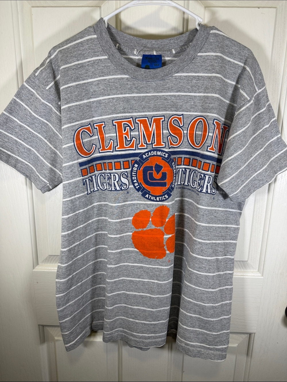 Clemson Tigers Gray Striped Crewneck T-Shirt